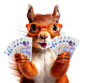 Squirrel with cash in two hands upper body cutout