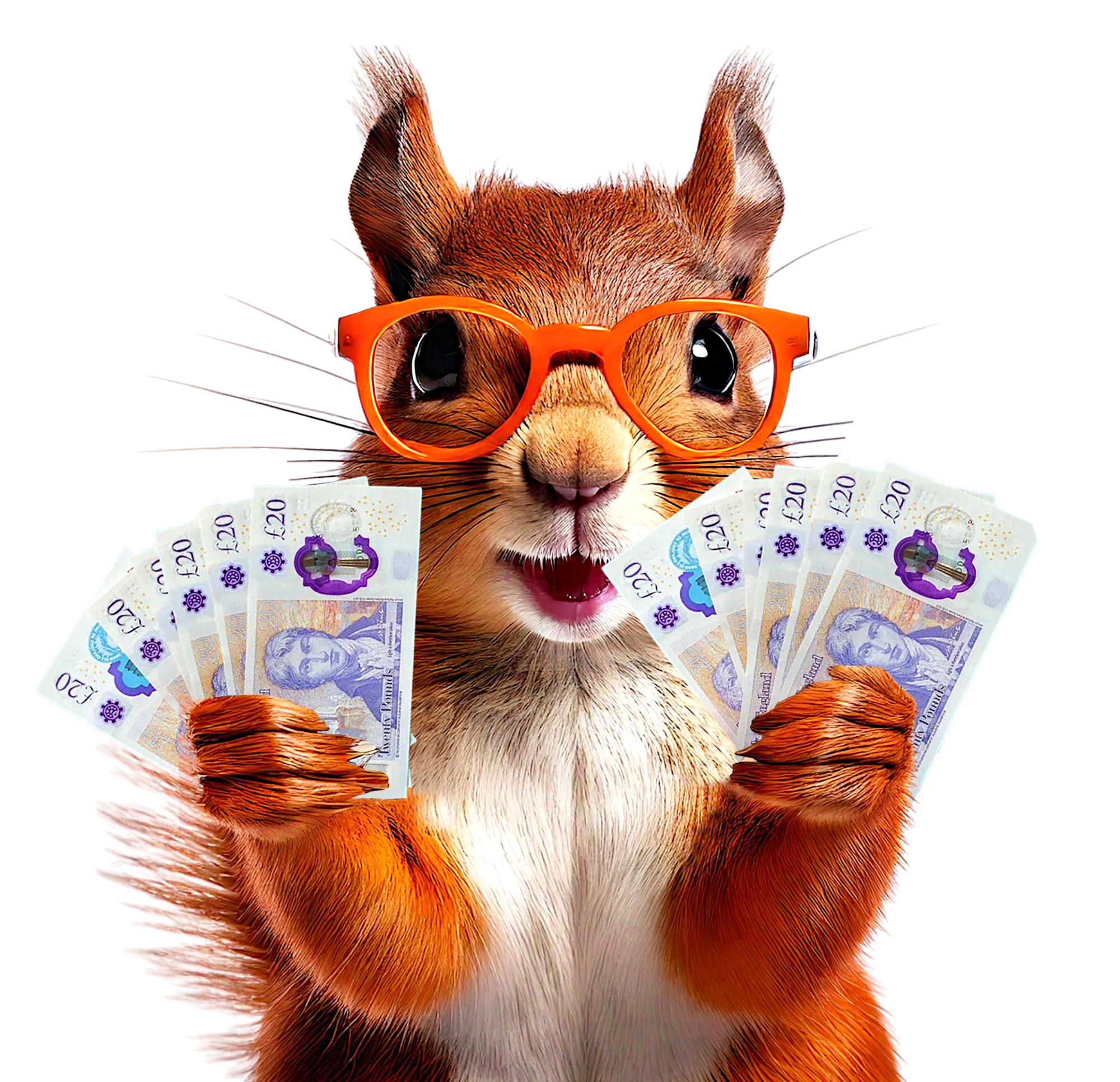 Squirrel with cash in two hands upper body cutout